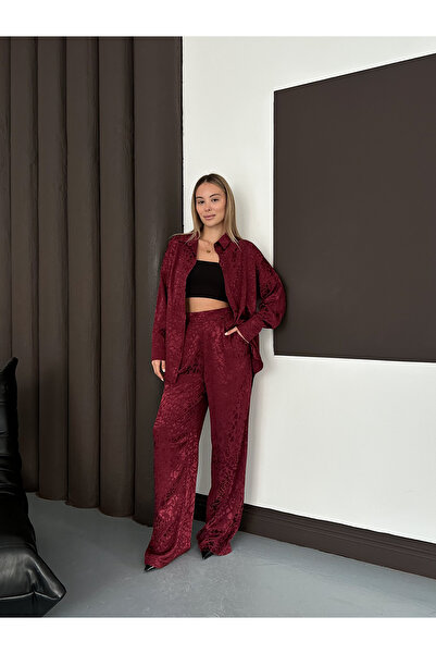 MODAMERSİ Women's Burgundy Leopard Pattern Oversized Shirt Wide Leg Pants Set