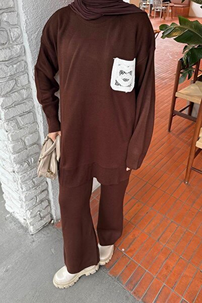 lamelif Комплект от дантелени дрехи с джобчета в цвят горчив кафяв