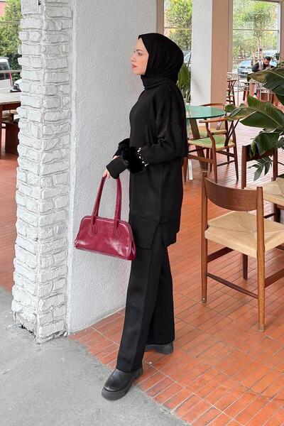 lamelif Sleeve Plush Detailed Knitwear Set Black