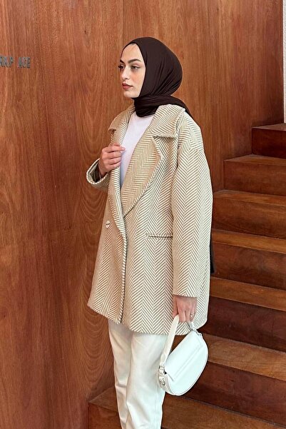 lamelif Zigzag Pattern Herringbone Coat Stone