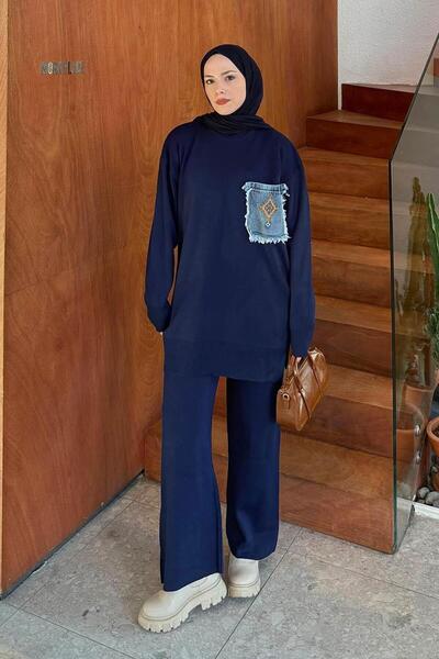 lamelif Σετ πλεκτών ενδυμάτων με λεπτομέρεια τσέπης σε μπλε ναυτικό