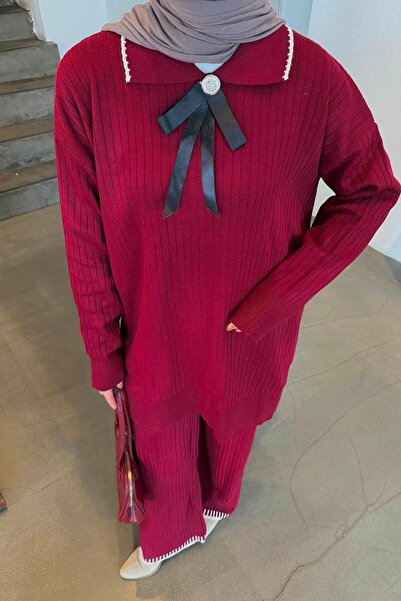 lamelif Κορδέλα Λεπτομερές Πλεκτό Σετ Βουργουνδίας