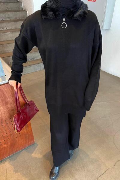 lamelif Plush Collar Knitwear Set Black