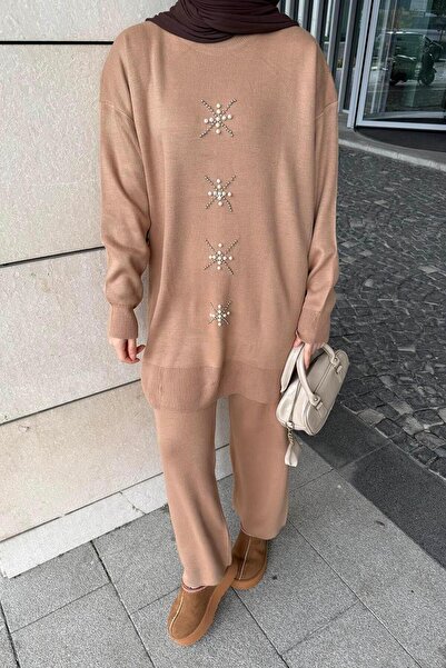 lamelif Pearl Embroidered Hijab Suit Camel