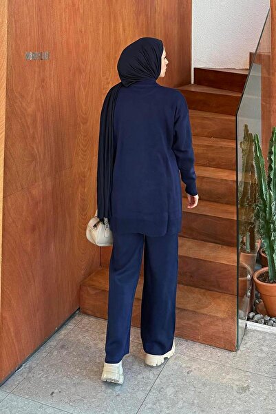 lamelif Knitwear Set with Floral Accessories Navy Blue