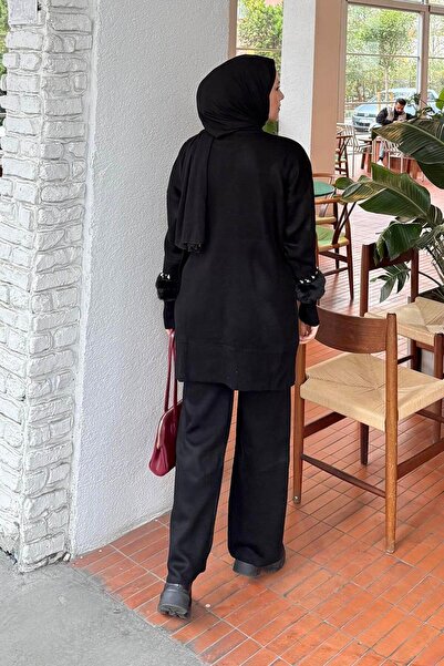 lamelif Sleeve Plush Detailed Knitwear Set Black