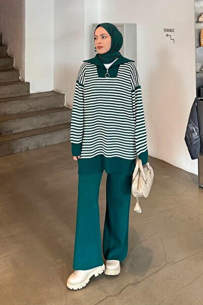 lamelif Set de tricotaje cu guler în dungi verde smarald