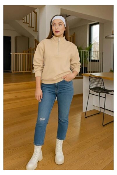 Fashion Friends Γυναικείο φούτερ με φερμουάρ Camioner γιακά μπεζ 25K0166K1