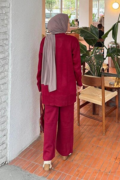 lamelif Lace Pocket Detailed Knitwear Set Burgundy