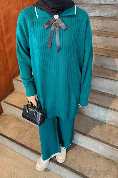 lamelif Ribbon Detailed Knitwear Set Emerald Green