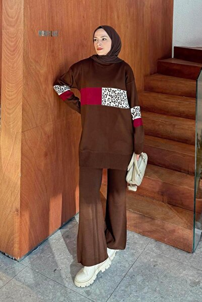 lamelif Комплект плетени дрехи с мотиви, цвят горчив кафяв