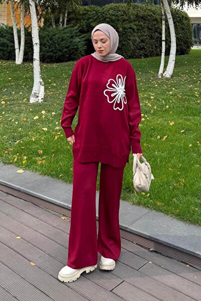 lamelif Σετ πλεκτών ενδυμάτων με λεπτομέρεια λουλουδιών μπορντό