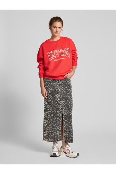 Colorstories Leopard Patterned Slit Midi Denim Skirt