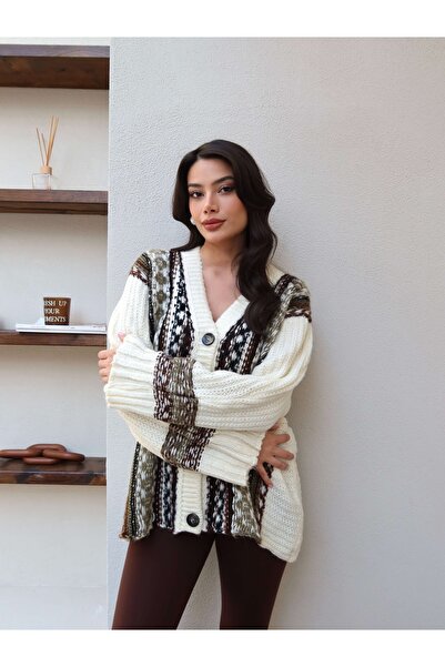 ESRAHELVACI V-Neck Ethnic Pattern Knitwear Cardigan