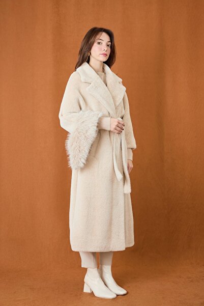 Puane Women's Double Collar Belted Angora Coat 15229