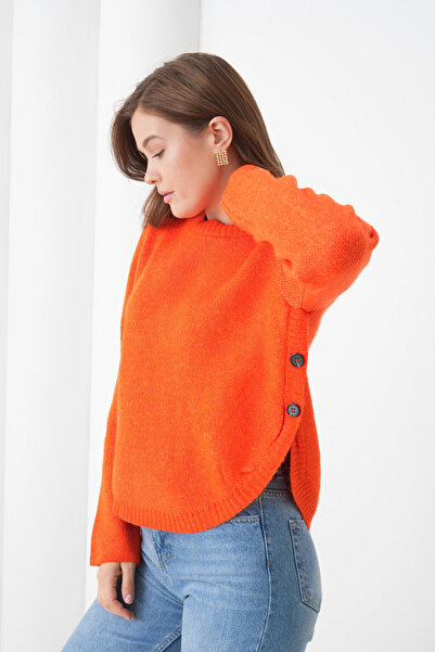 Park Karon Pulover de tricotat pentru femei guler rotund cu detaliu cu nasturi cu fantă