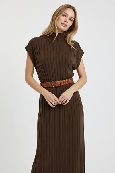 NEWCO Women's High Neck Relax Fit Knitwear Dress Elegant Silhouette, Corded Fabric Textured Fabric