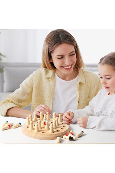 AllizBan Memory Chess Game for Children, Round Wooden Board, Colored Pieces, Includes Die, Multicolo