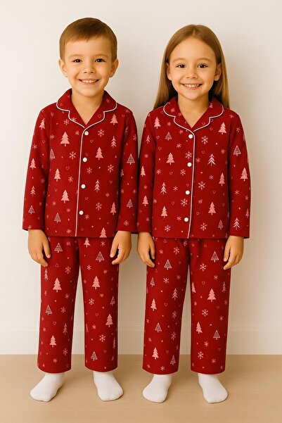 zepkids New Year Patterned Fleece-Lined Red Color Unisex Children's Pajama Set