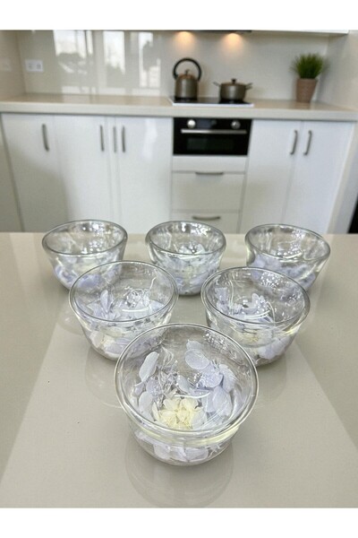 İnterlife 6-Piece Double-Walled Artificial Flower Turkish Delight Bowl, Confectionery, Coffee Side Serving, Small Glass Bowl, 7 cm