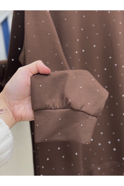 MİHRA STORE Albina Ful Stone Six Pleated Oversized Tunic-Na828 Brown