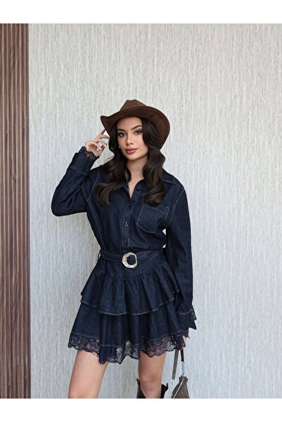 ESRAHELVACI Lace Detail Mini Denim Dress