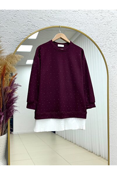 MİHRA STORE Albina Ful Stone Six Pleated Oversized Tunic-Na828 Burgundy