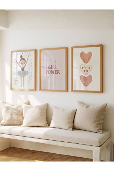 fuart.co Balerin, Kalpler ve Girl Power 3lü Dijital Baskı Poster (Çerçevesiz)