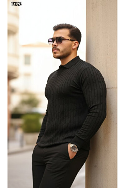 moda wanilia Men's Knitted Pattern Long Sleeve Knitwear Polo Neck Sweater
