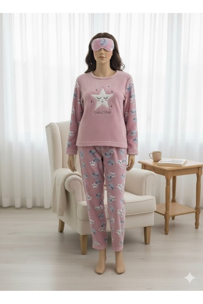 alpotekno Women's Pink Fleece Pajama Set with Eye Patch – Soft, Warm and Comfortable Sleepwear Set