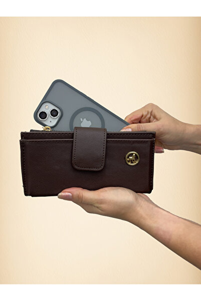 shiny ever Women's Leather Handbag Wallet with Phone Compartment Brown Gold Detailed