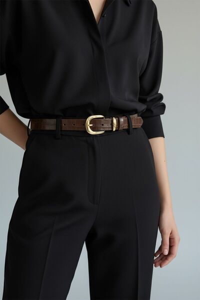 Kemerix 100% Genuine Leather Gold Buckle Set of 2 Crocodile Patterned 3 cm Women's Belt Black-Brown