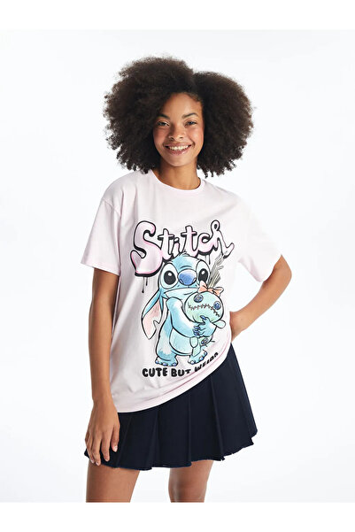 LC Waikiki XSIDE Pembe Bisiklet Yaka Lilo & Stitch Baskılı Kadın Tişört