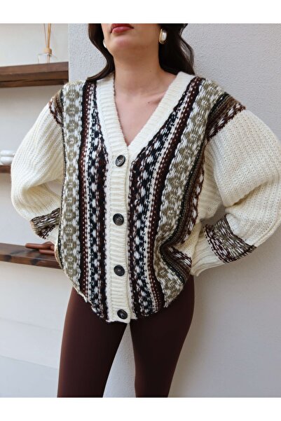 ESRAHELVACI V-Neck Ethnic Pattern Knitwear Cardigan