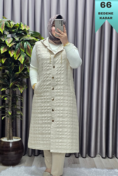 Elmas Tesettür Kadın Giyim Büyük Beden Kapşonlu Astarlı Kare Desen Yelek