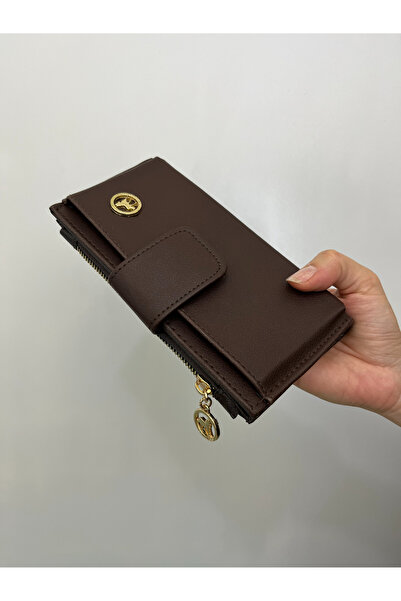 shiny ever Women's Leather Handbag Wallet with Phone Compartment Brown Gold Detailed