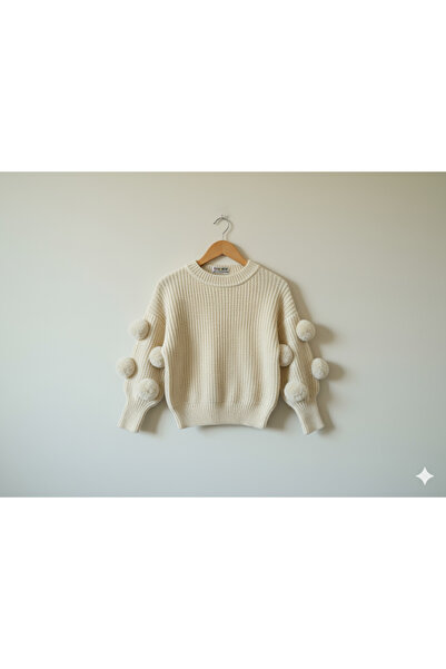 Nimini Kids New Season Pompom Sleeve Detailed Crew Neck Baby Girl & Kids Sweater (2-8 Years)