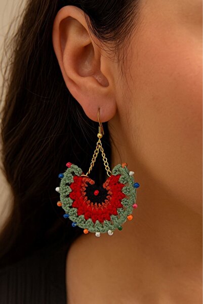 boncuktanseyler El Yapımı Renkli Örme Boncuklu Yelpaze Küpe