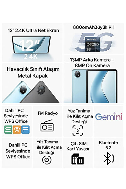 Doogee V Pad 5G SİM KARTLI 12" 8 GB RAM 256 GB 2.4K IPS Android 15 Tablet Siyah