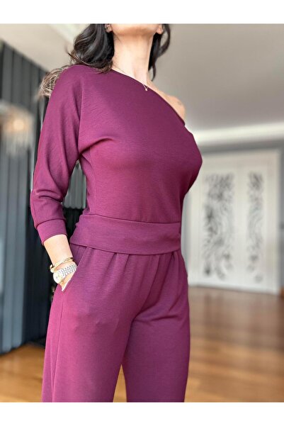 Atelier Derin Burgundy Modal Boat Neck Blouse Bottom Set