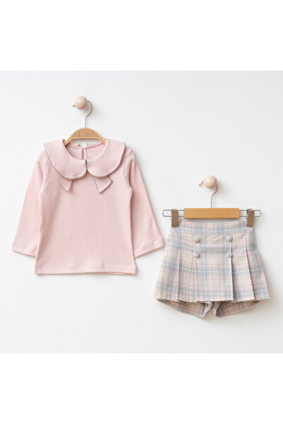 My Lusa baby wear Aybüke |   Baby Lapel Collar Corded Fabric Fabric Long Sleeve Top and Plaid Button Shorts Skirt Set - 2/3/4/5 Years Old