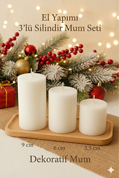aralmini El Yapımı 3'lü Silindir Mum Seti Dekoratif Ev Dekorasyonu Hediyelik Mum