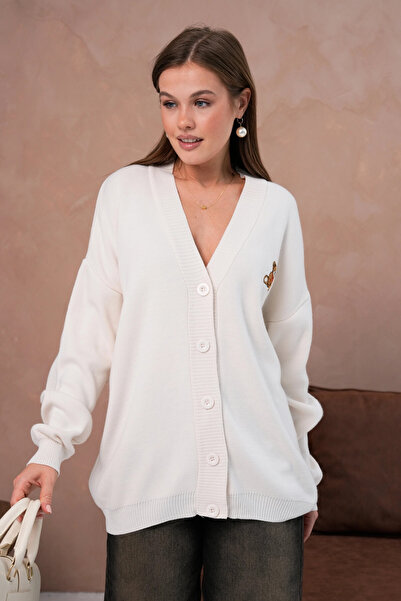 Park Karon Women's V-Neck Button Closure Embroidered Oversized Knitwear Cardigan