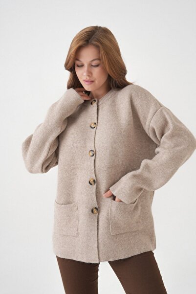 Miss Allos Women's Knitted Jacket with Buttons on the Front and Pocket Detail with Scarf