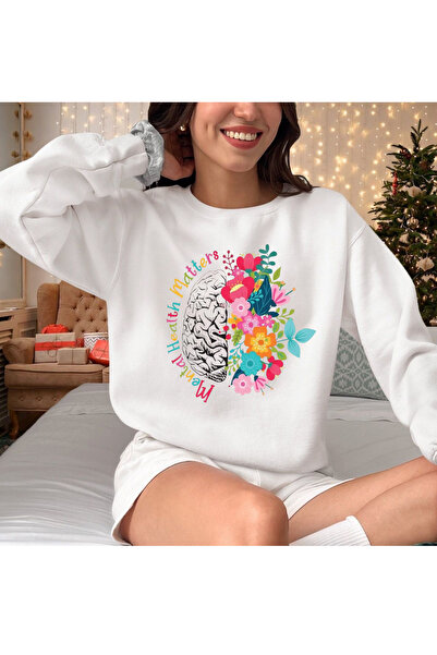 Tubinyoo الصحة النفسية مهمة مطبوع سترة رياضية برقبة دائرية وثلاث خيوط