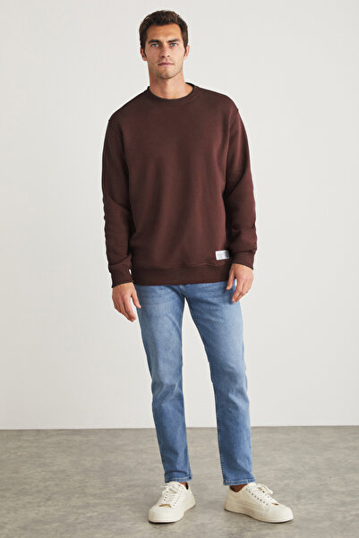 GRIMELANGE Travis Men's Organic Fabric Soft Regular Fit Round Neck Dark Brown Sweatshirt