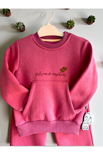 Hirazenmoda Girl's 3 Thread Sweatshirt Tracksuit Set – Embroidered Winter Model