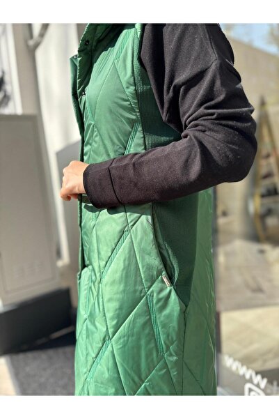 Invee Knitwear Detailed Buttoned Quilted Women's Vest Green