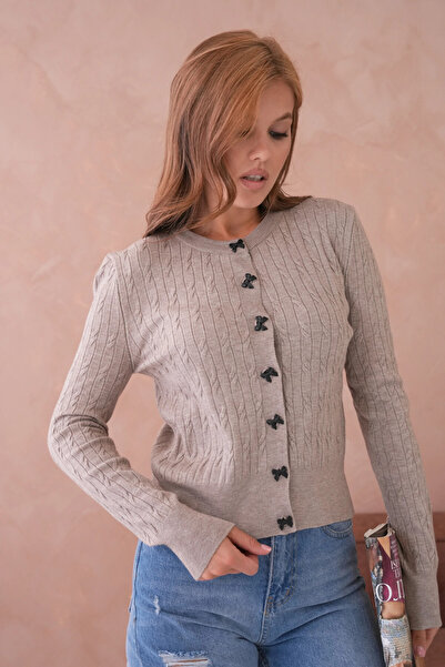 Park Karon Women's Crew Neck Button Detail Hair Knit Soft Textured Knitwear Cardigan