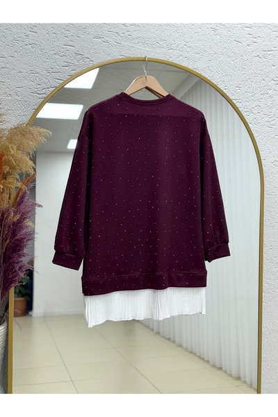 MİHRA STORE Albina Ful Stone Six Pleated Oversized Tunic-Na828 Burgundy
